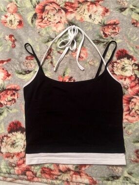 Tilly's Black Cami Tank with White Trim and Halter Tie